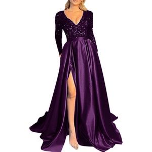 V Neck Sequin Long Sleeve Prom Dress